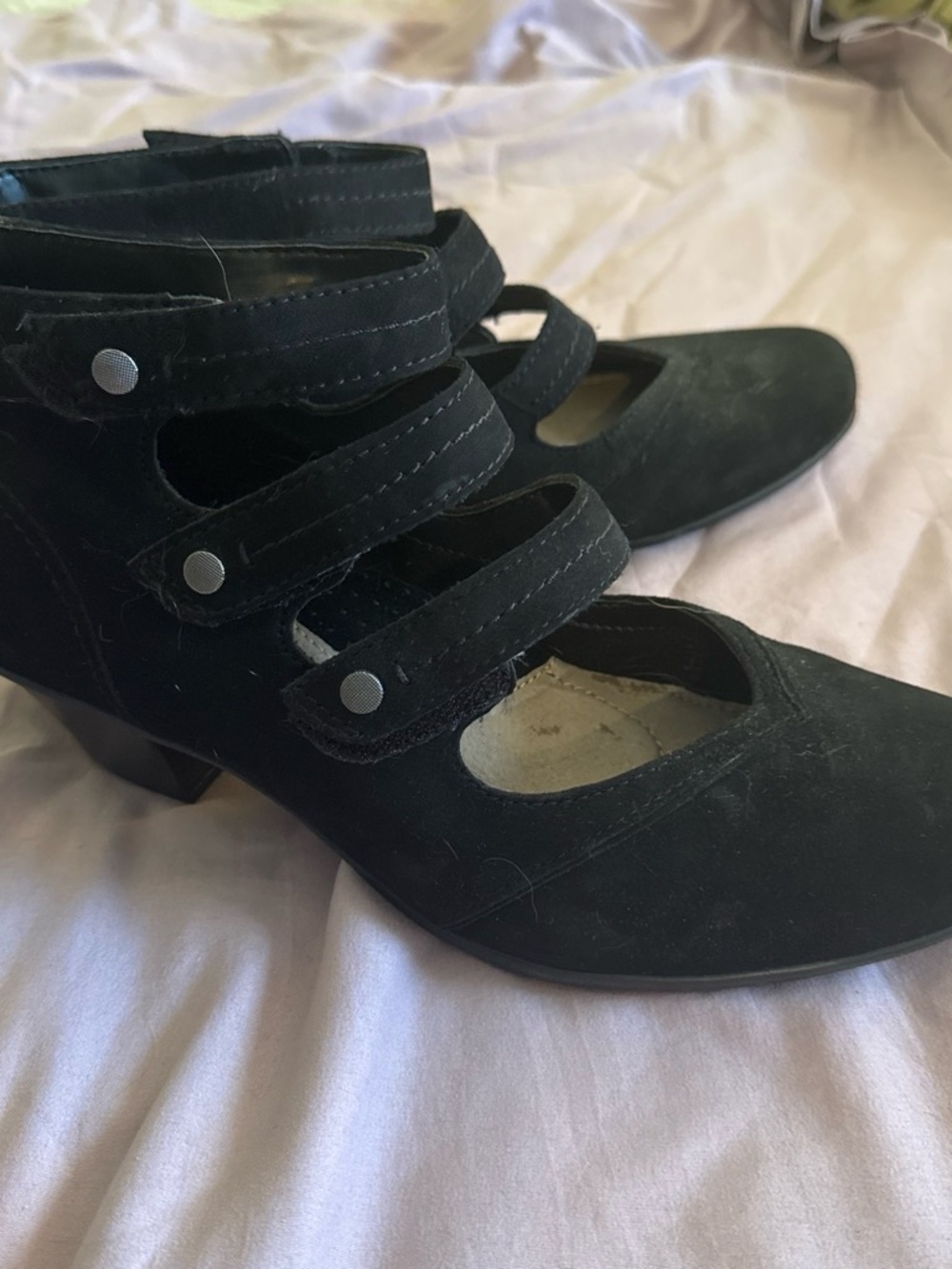 Earth Black Suede Triple-Strap Low Heel Mary Janes
